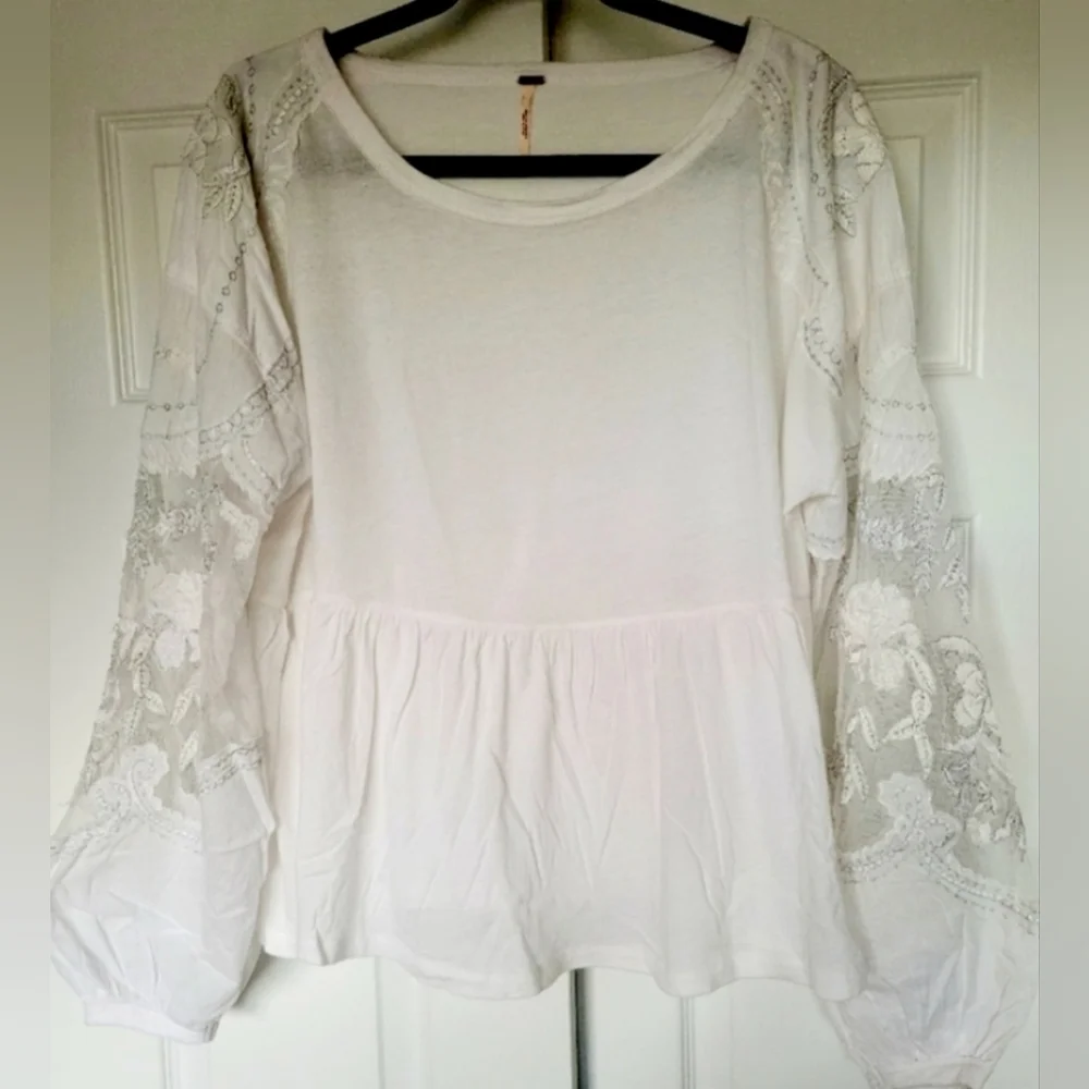 Free People Women Boho Blouse 100% Cotton Embroidered Puff Mesh Peplum Small/Med